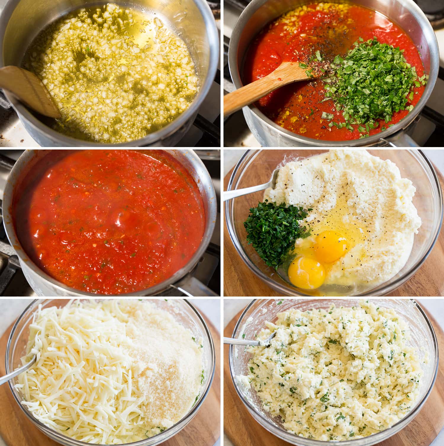 Group of photos showing steps of making marinara in sauce pan and ricotta cheese filling for manicotti.
