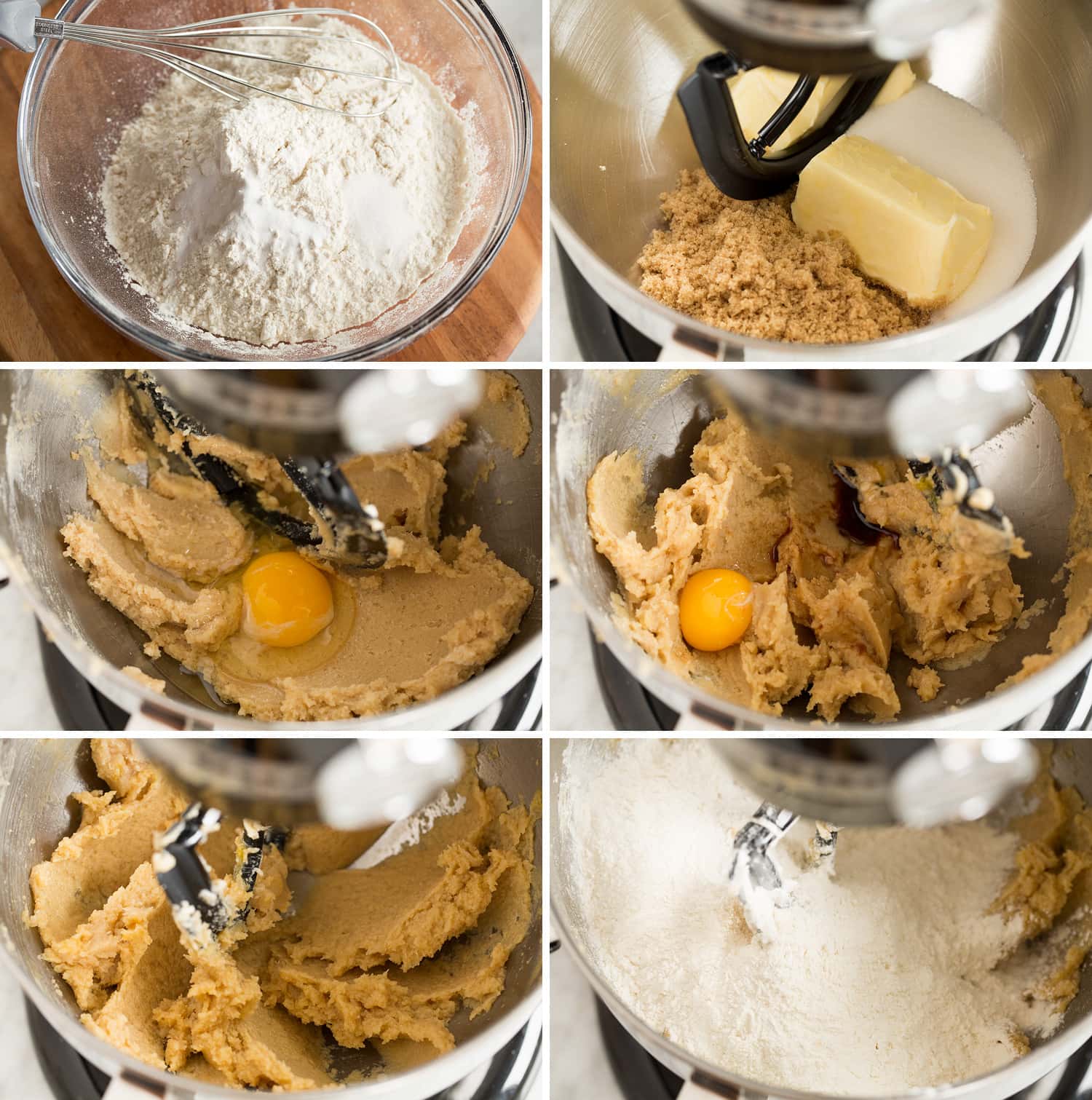 Collage of six photos showing how to make M and M cookie dough.