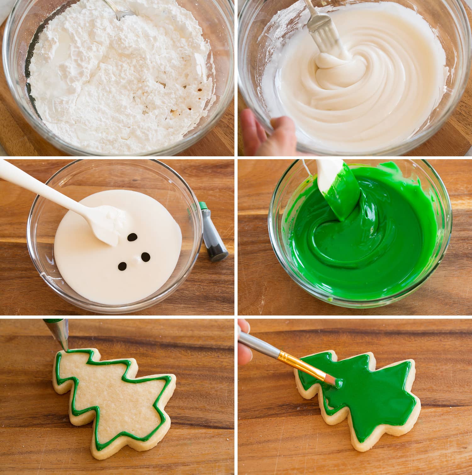 Collage of six photos showing how to make sugar cookie icing with powdered sugar, milk, corn syrup and extracts. Shown mixing in a glass bowl, tinting with food coloring and piping over cookie.