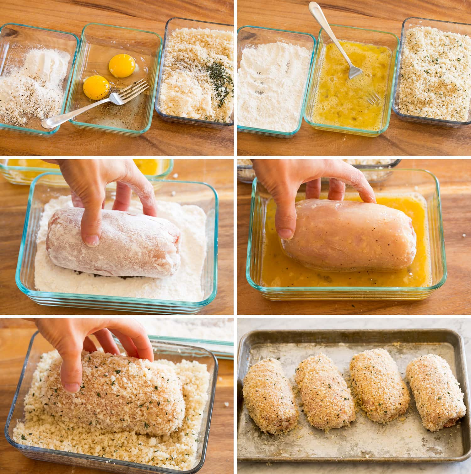 Collage of six photos showing how to make breading and roll chicken in flour, egg and breading.