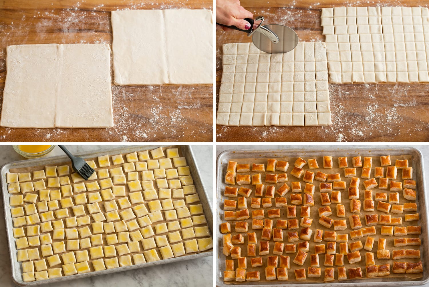 Steps to make puff pastry baked squares for pot pie.