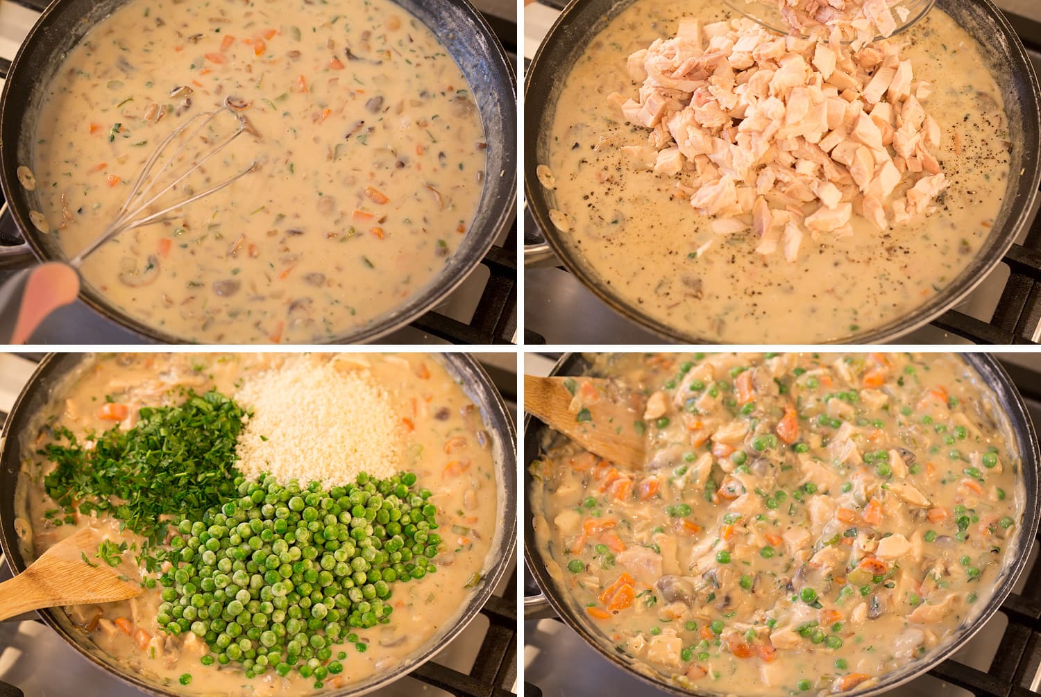 Steps of making pot pie sauce and fillings.