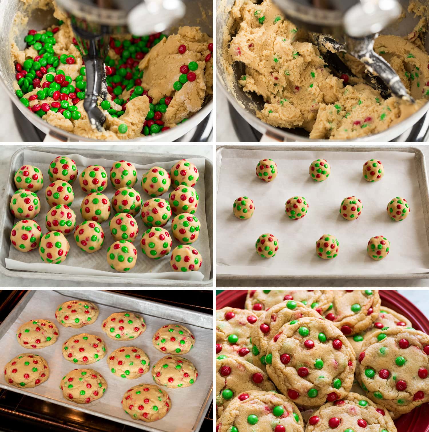 Six photos showing how to complete mm cookie dough, roll, bake and finished.