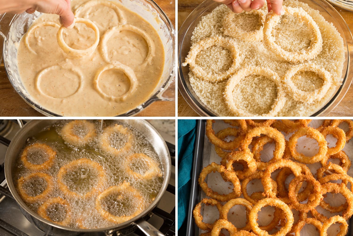 Collage of photos showing how to bread and deep fry onion rings in oil.