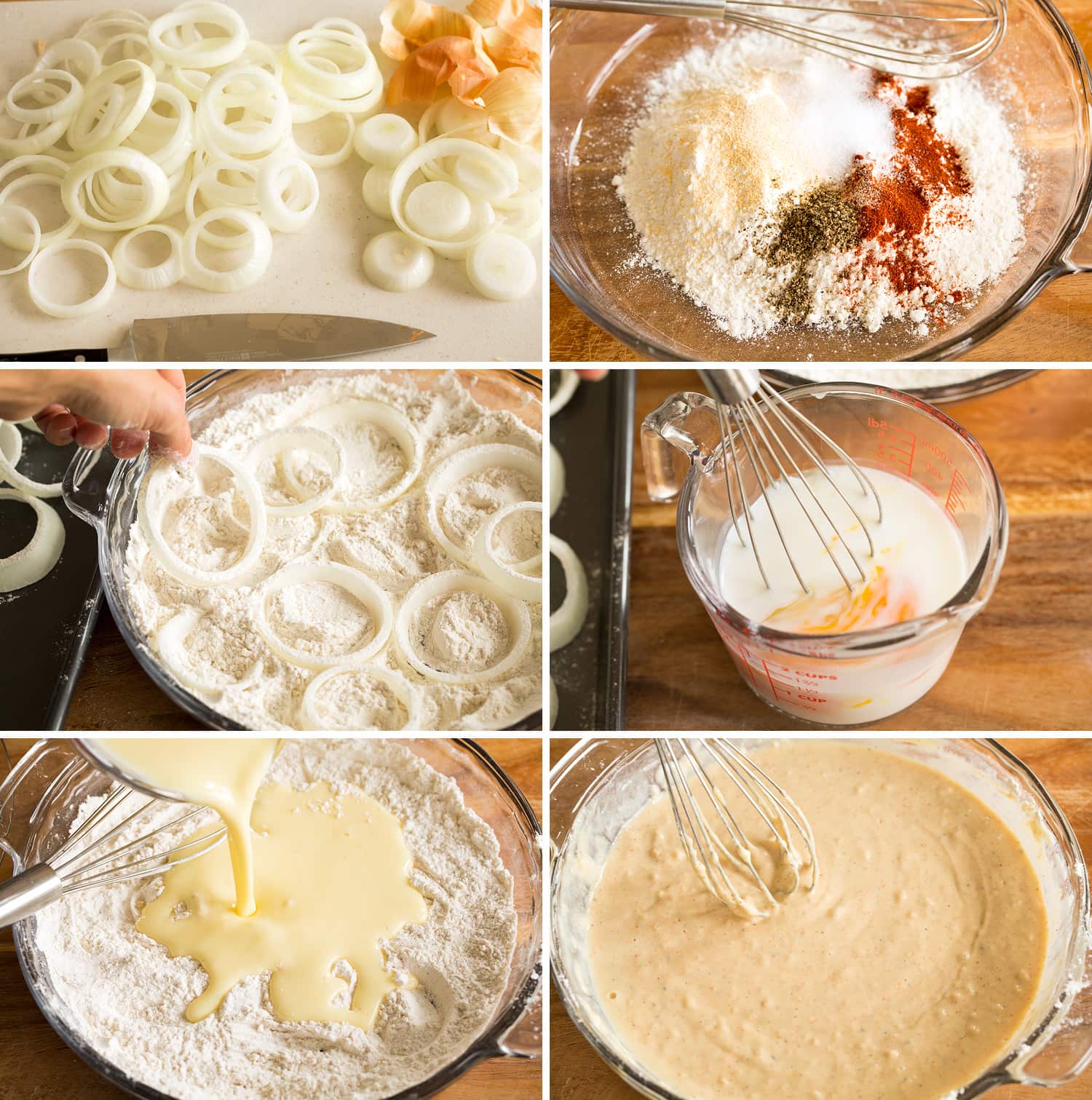 Collage of six photos showing how to slice onions and prepare batter for onion rings.
