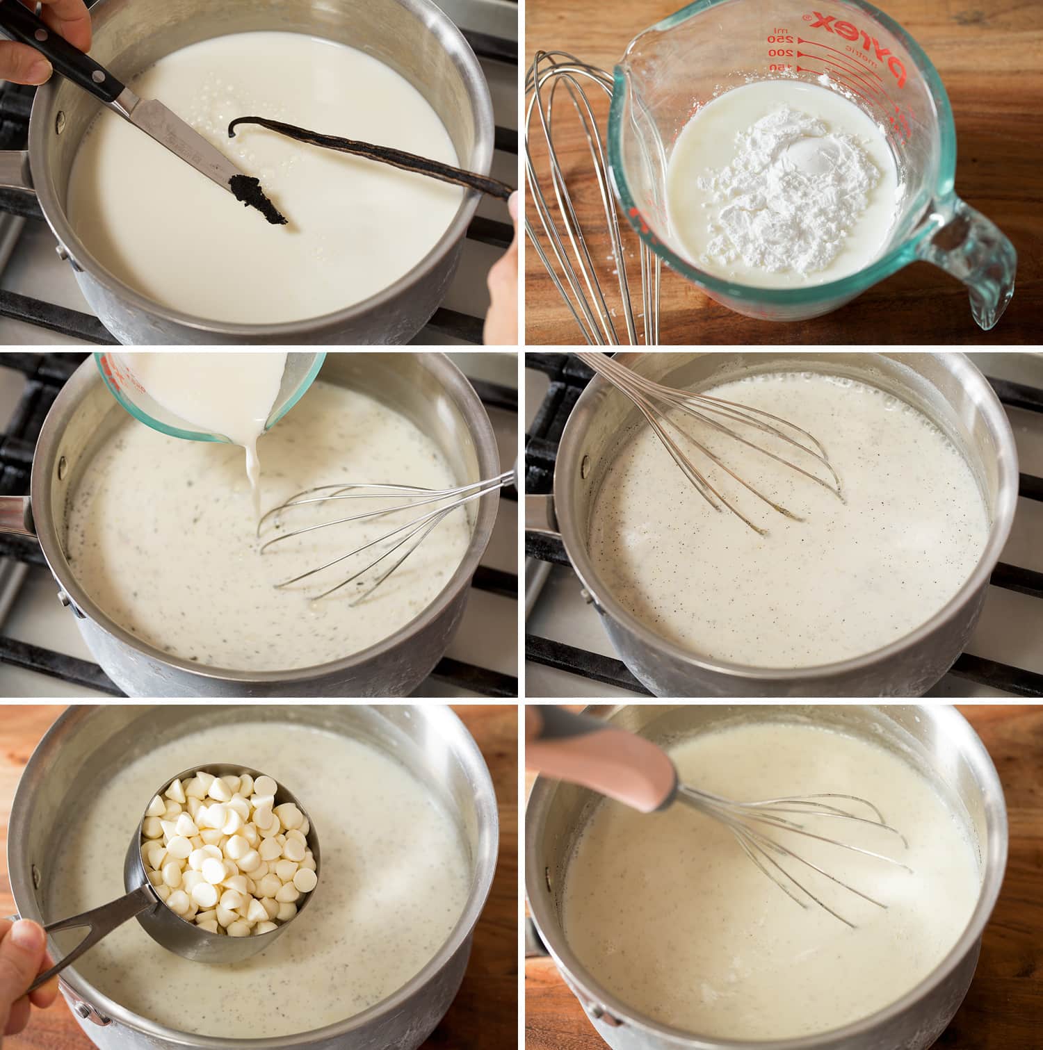 Collage di sei foto che mostrano le fasi di preparazione della cioccolata calda bianca in una casseruola.