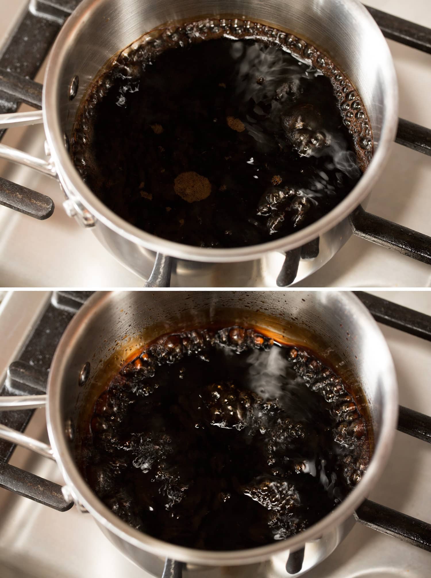 Showing how to simmer balsamic vinegar in a saucepan on the stovetop to reduce to balsamic glaze.