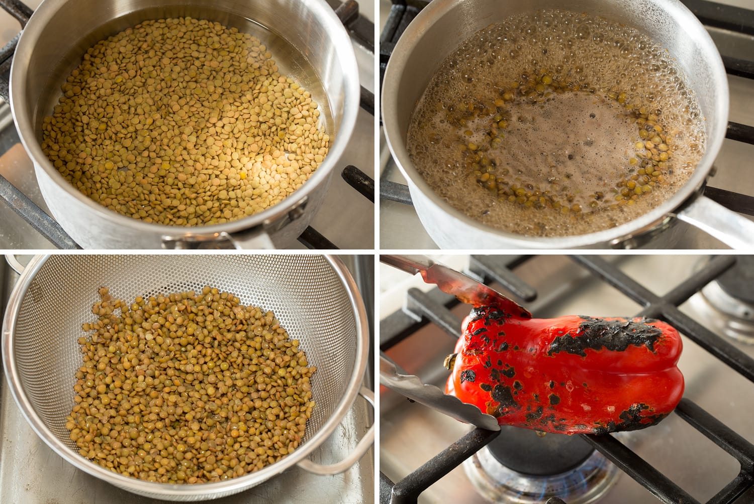 Steps of cooking lentils and roasting bell pepper.
