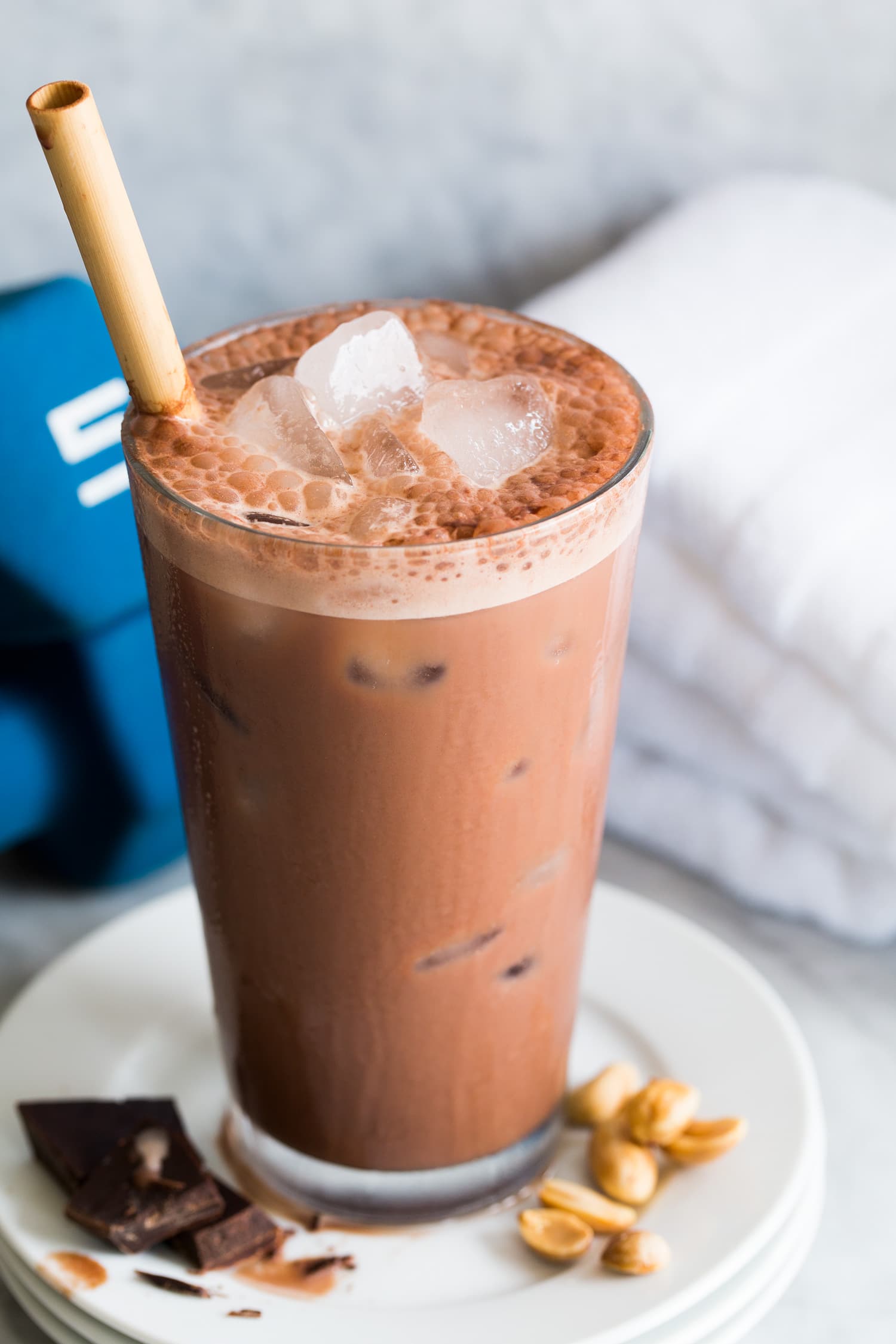 Chocolate peanut butter protein drink served with ice.