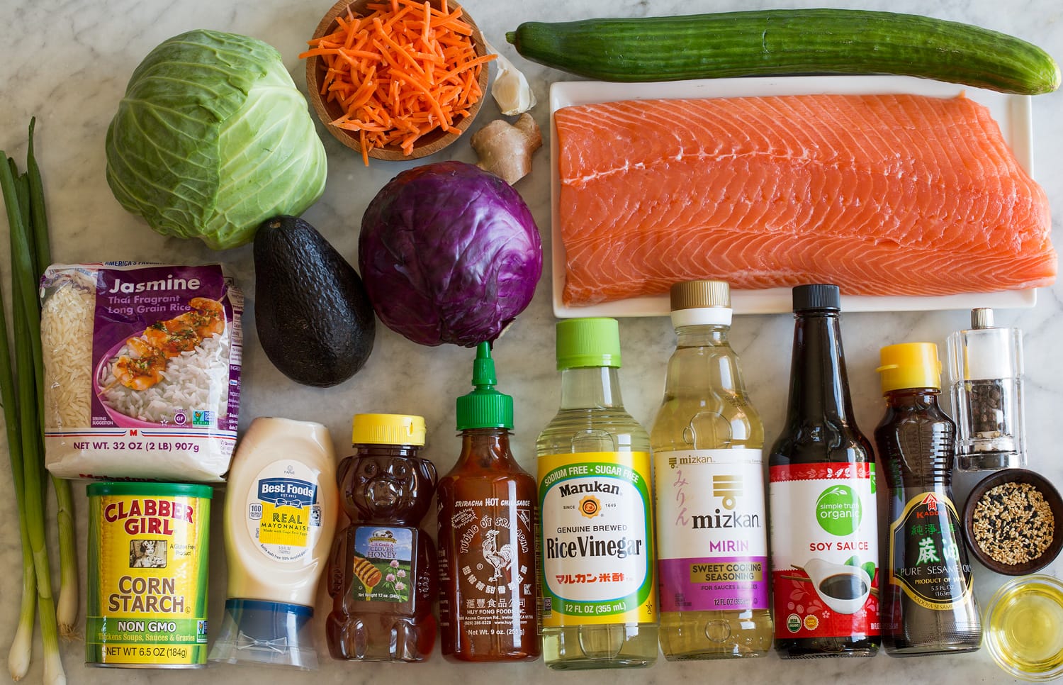 Ingredients needed for salmon rice bowl.