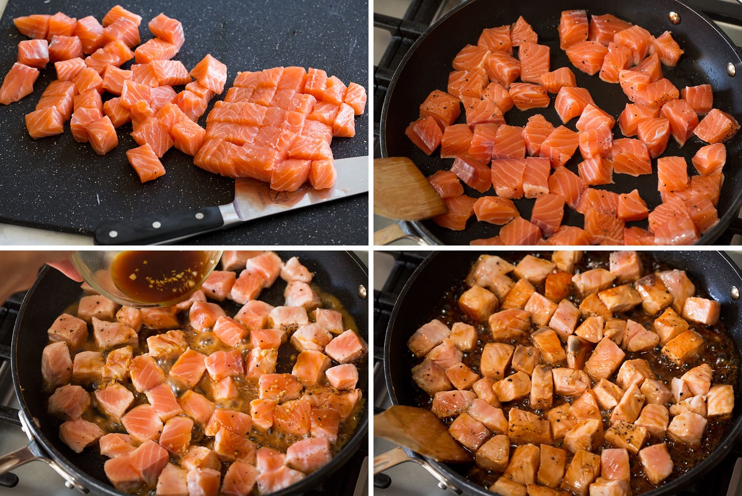 Steps of searing salmon and sauce in a saucepan.