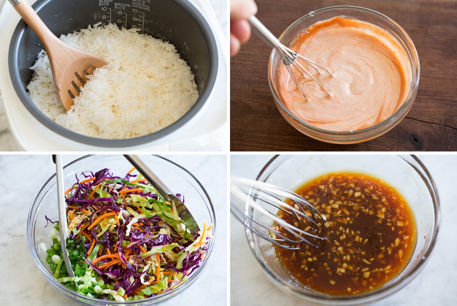 Steps of making rice and sauces for rice bowl.