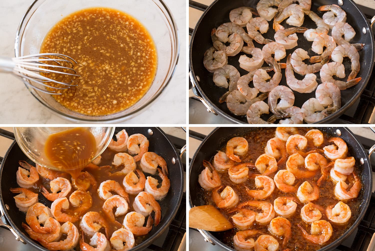 Four images showing how to make teriyaki sauce and cook with raw shrimp.