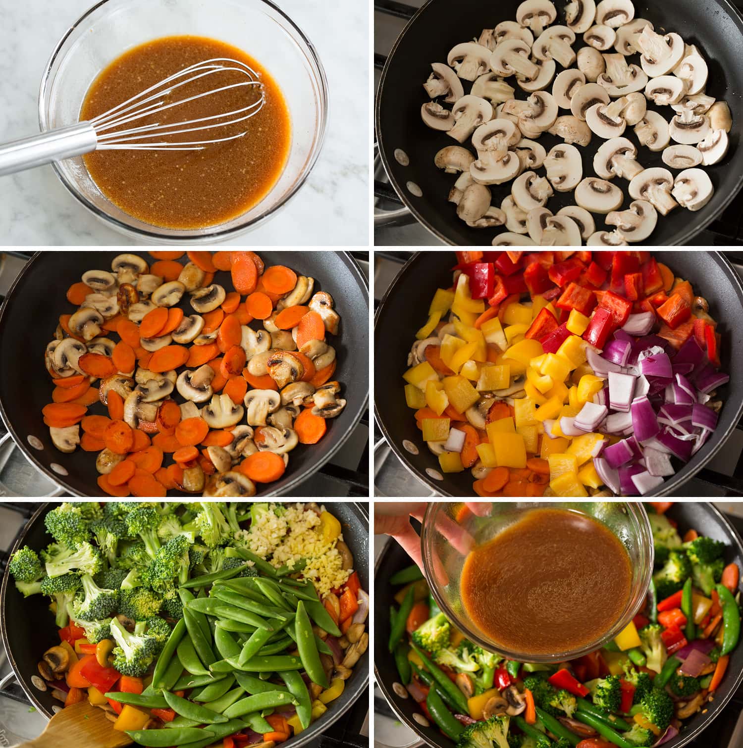 Collage of six photos showing how to make vegetable stir fry.