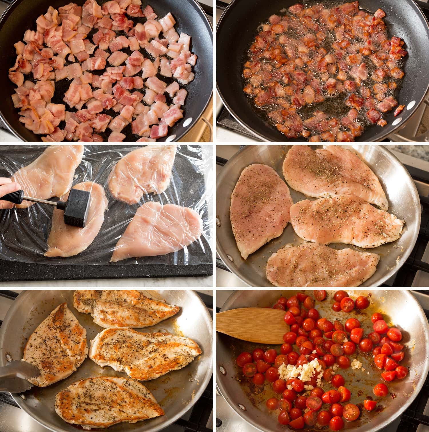Steps for making pan seared chicken and cooking bacon.