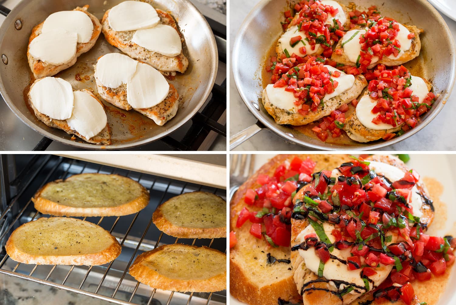 Steps of topping chicken breasts with fresh mozzarella, bruschetta and toasting baguette.