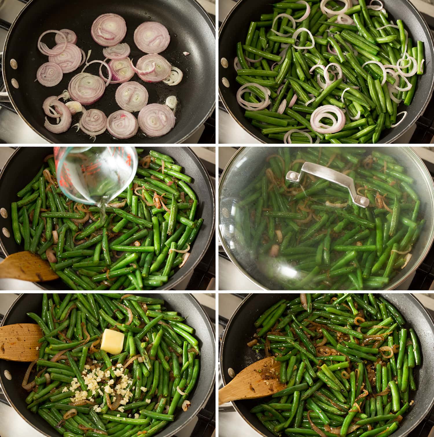 Steps showing how to saute green beans in a skillet.