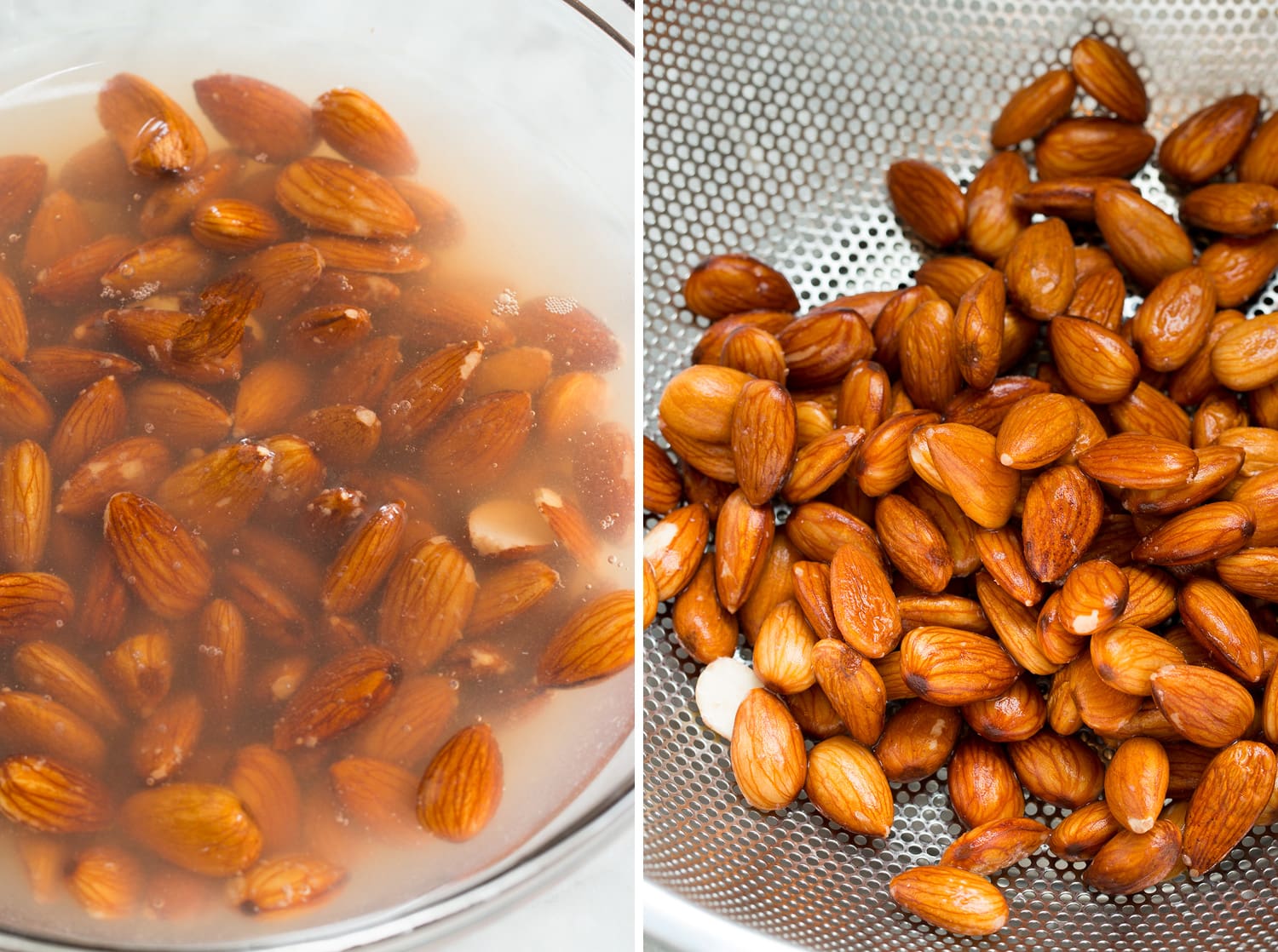 Showing steps of making homemade almond milk. Shows almonds before and after soaking in water.