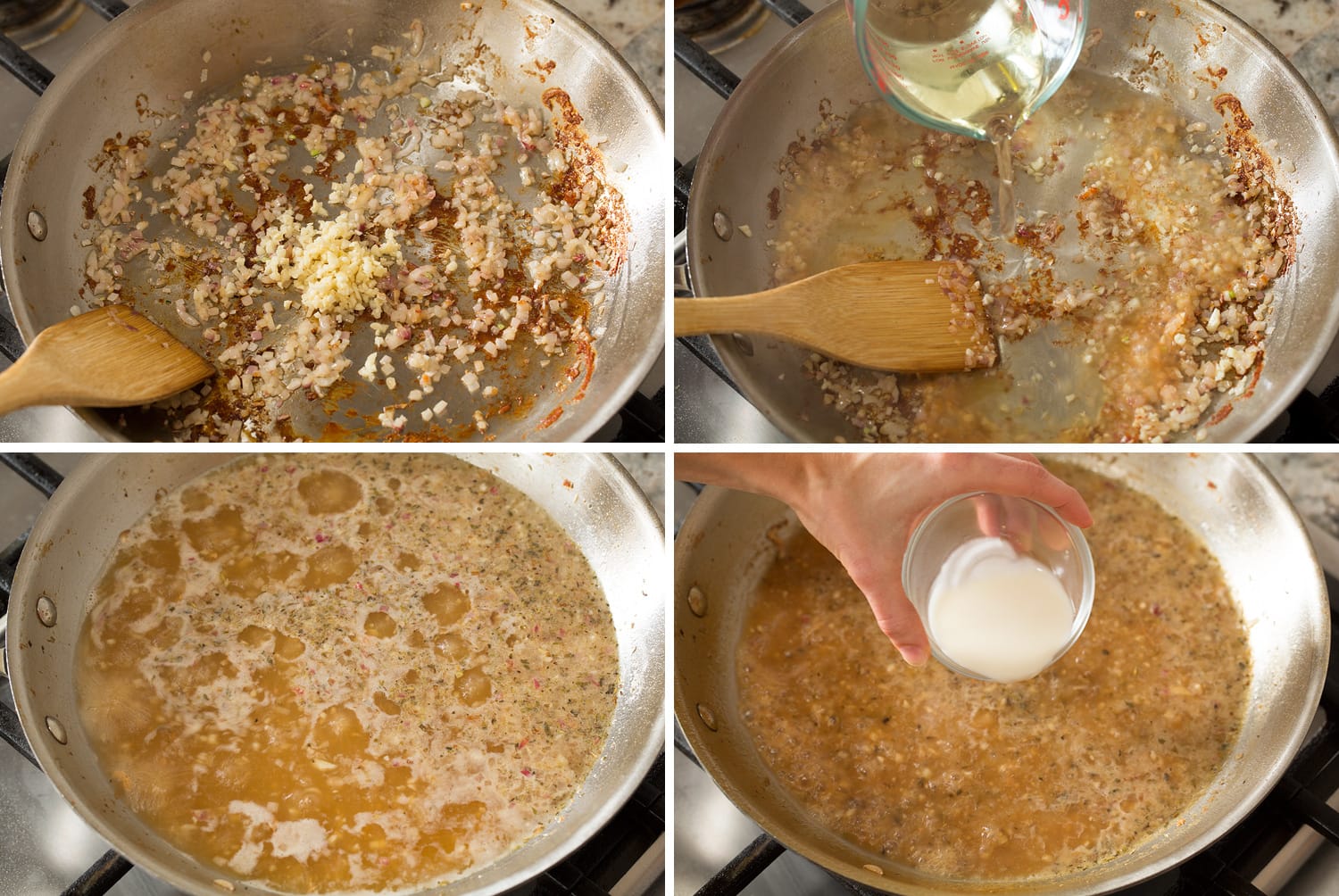 Four photos showing how to make pan sauce for chicken florentine.