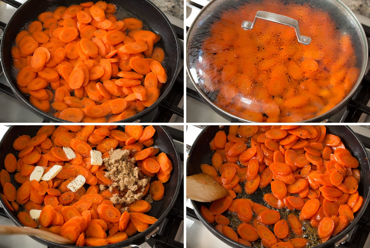 Collage of four steps showing how to make sauteed glazed carrots in a skillet.