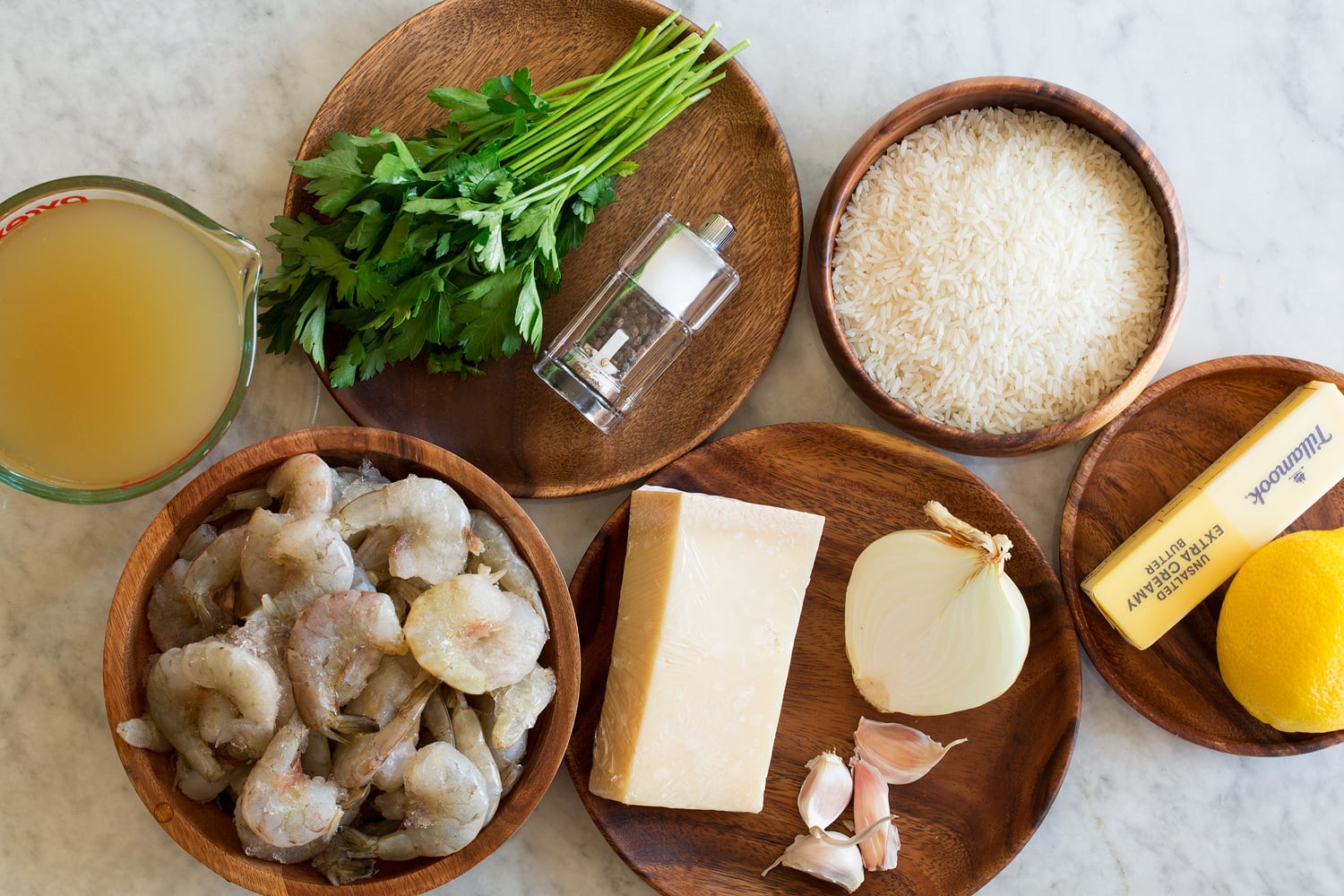 Ingredients used to make one pot shrimp and rice.