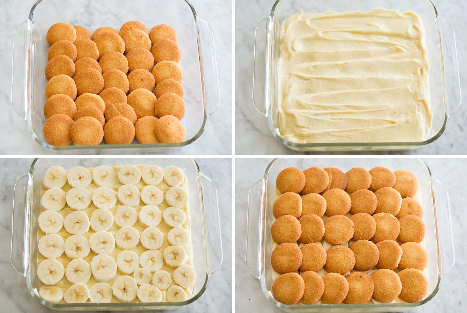 Steps showing how to layer banana pudding in a a pan.