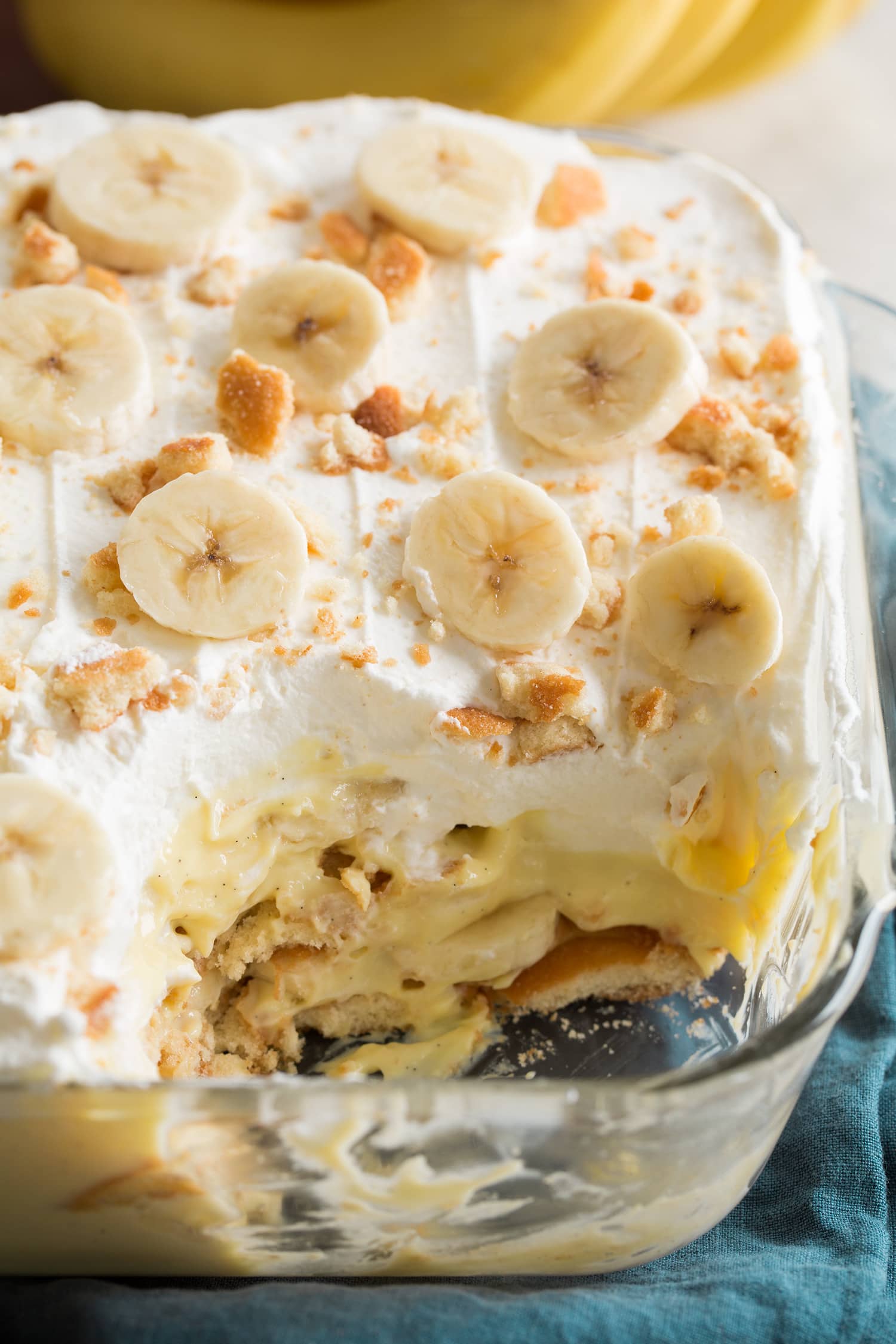 Close up photo showing layers in homemade banana pudding.