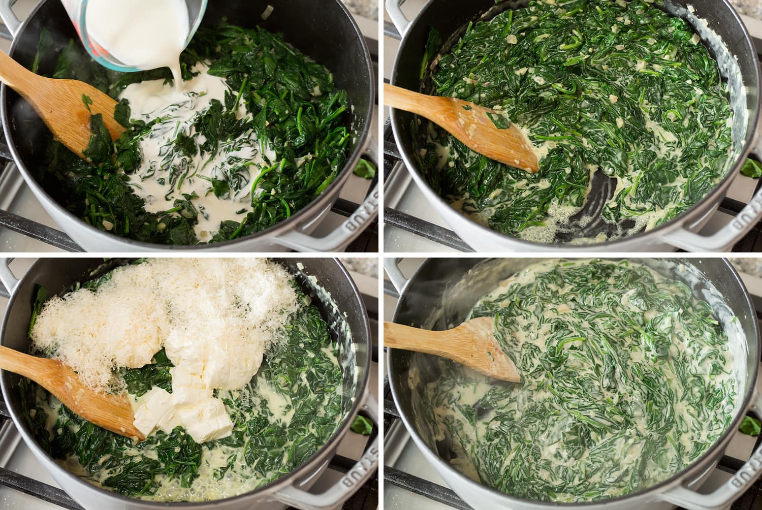 Continued photos showing how to make creamed spinach with cream, cream cheese an parmesan.