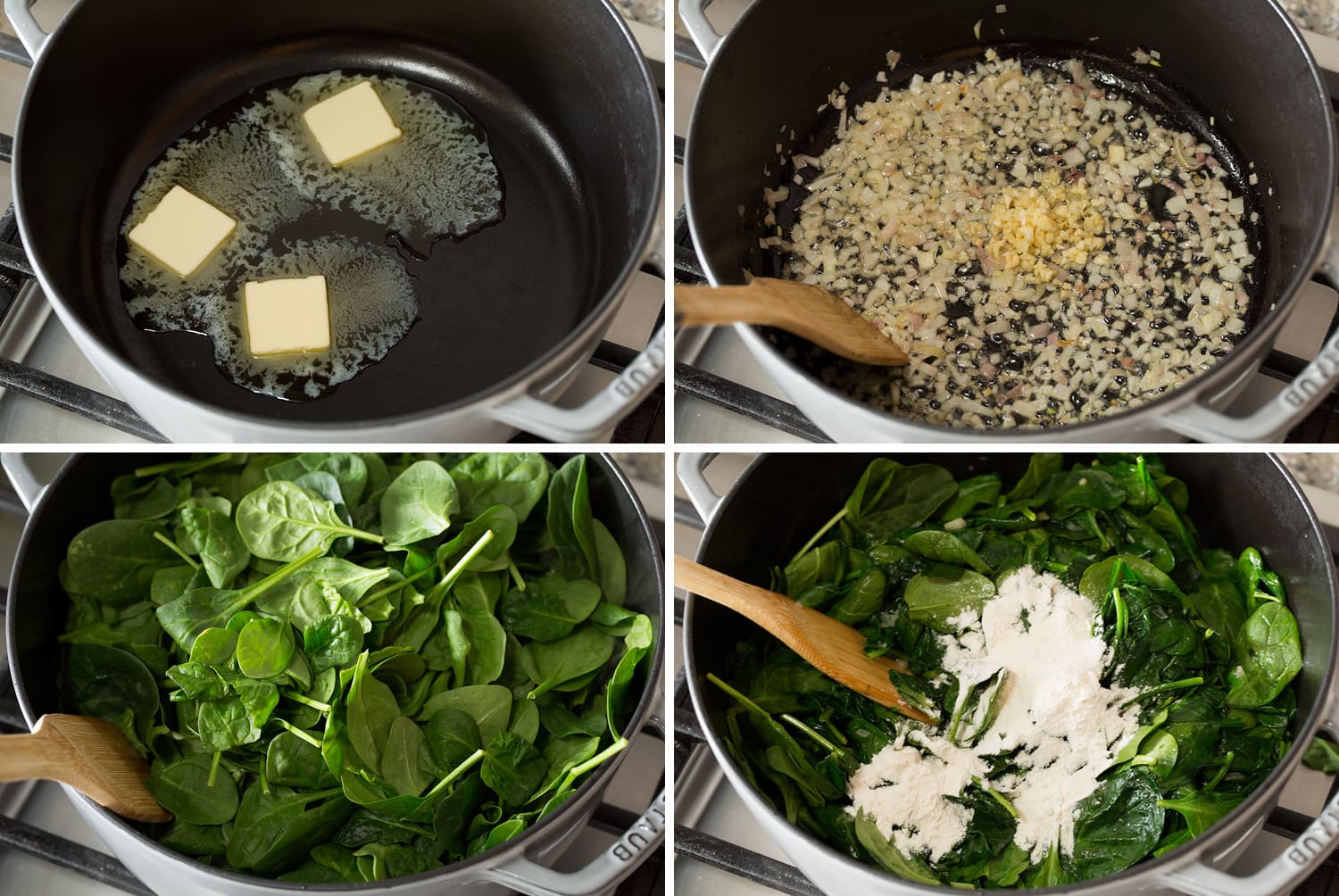 Four photos showing how to saute shallot, garlic and spinach.