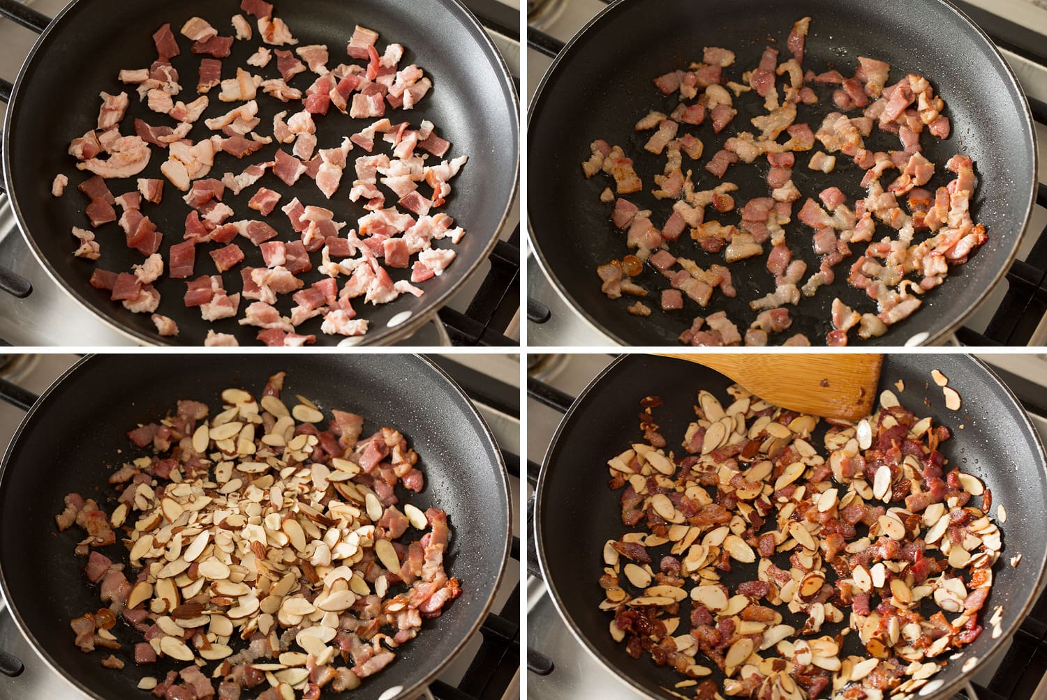 Four photos showing how to saute bacon and almonds.