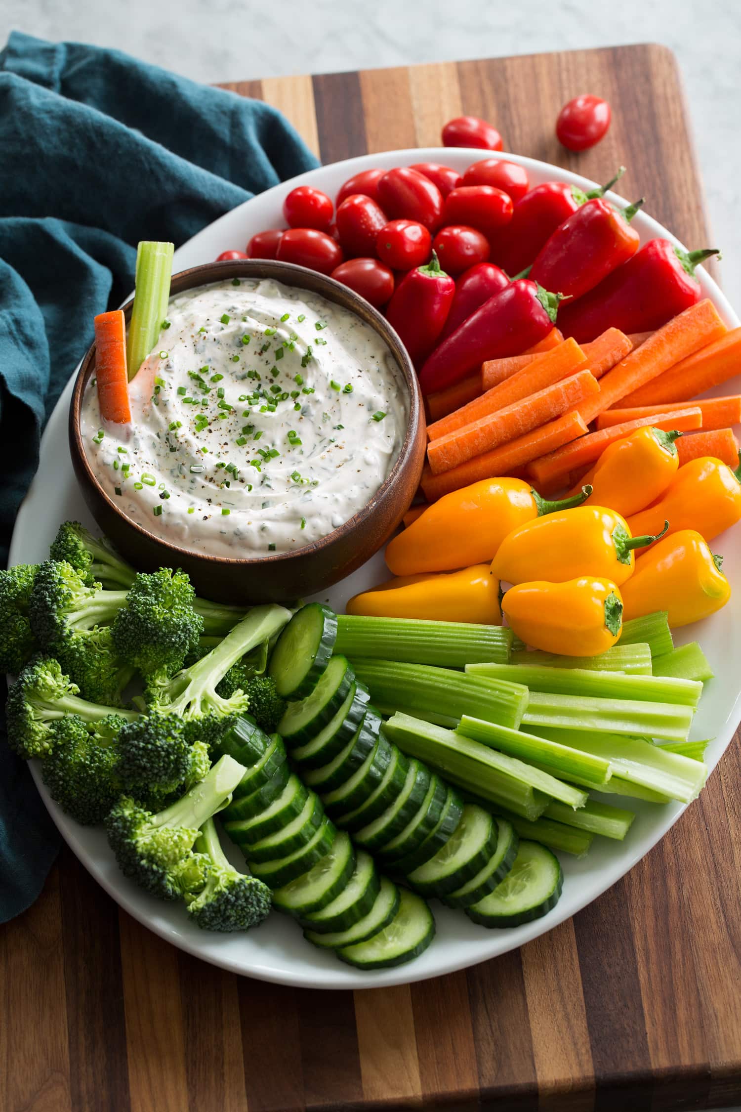 Vegetable dip with fresh vegetable tray.