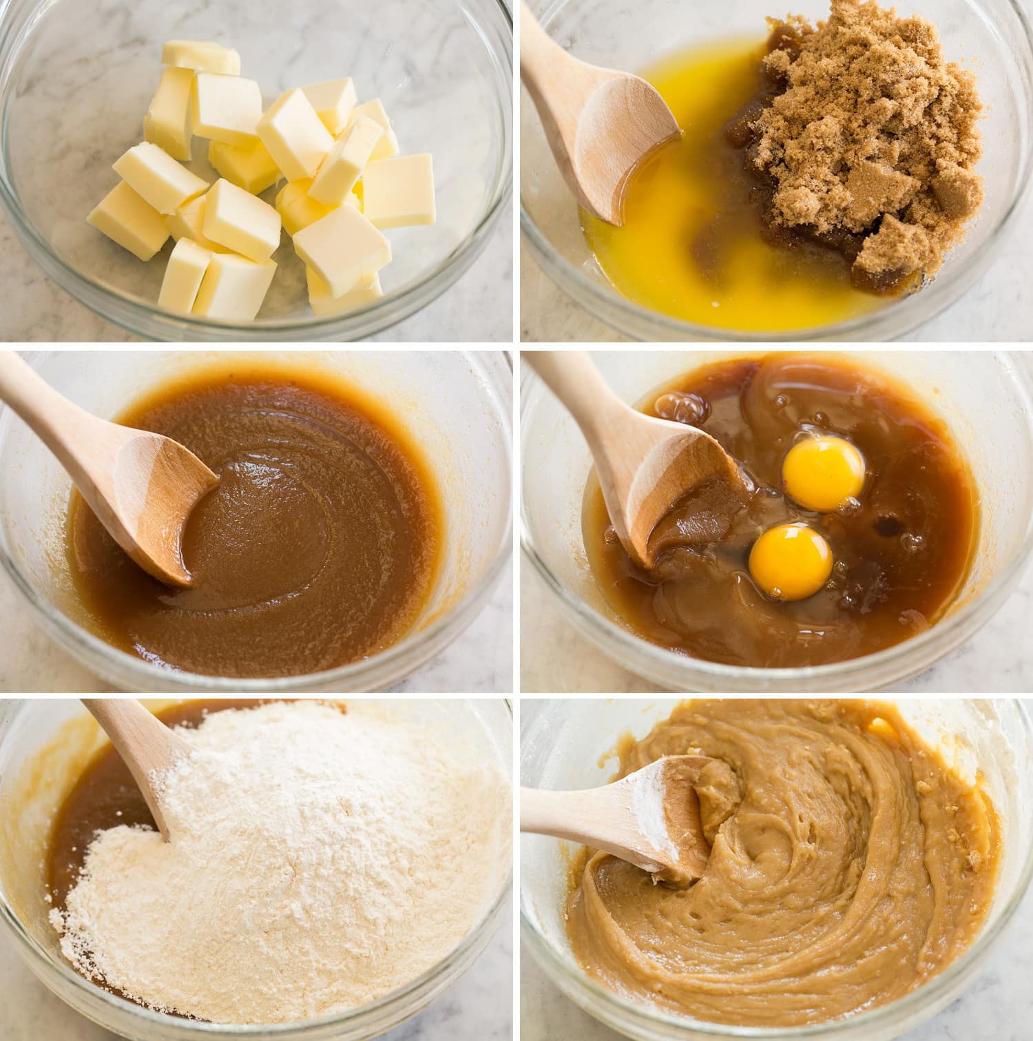 Six photos showing steps of making blondie cookie bar batter.