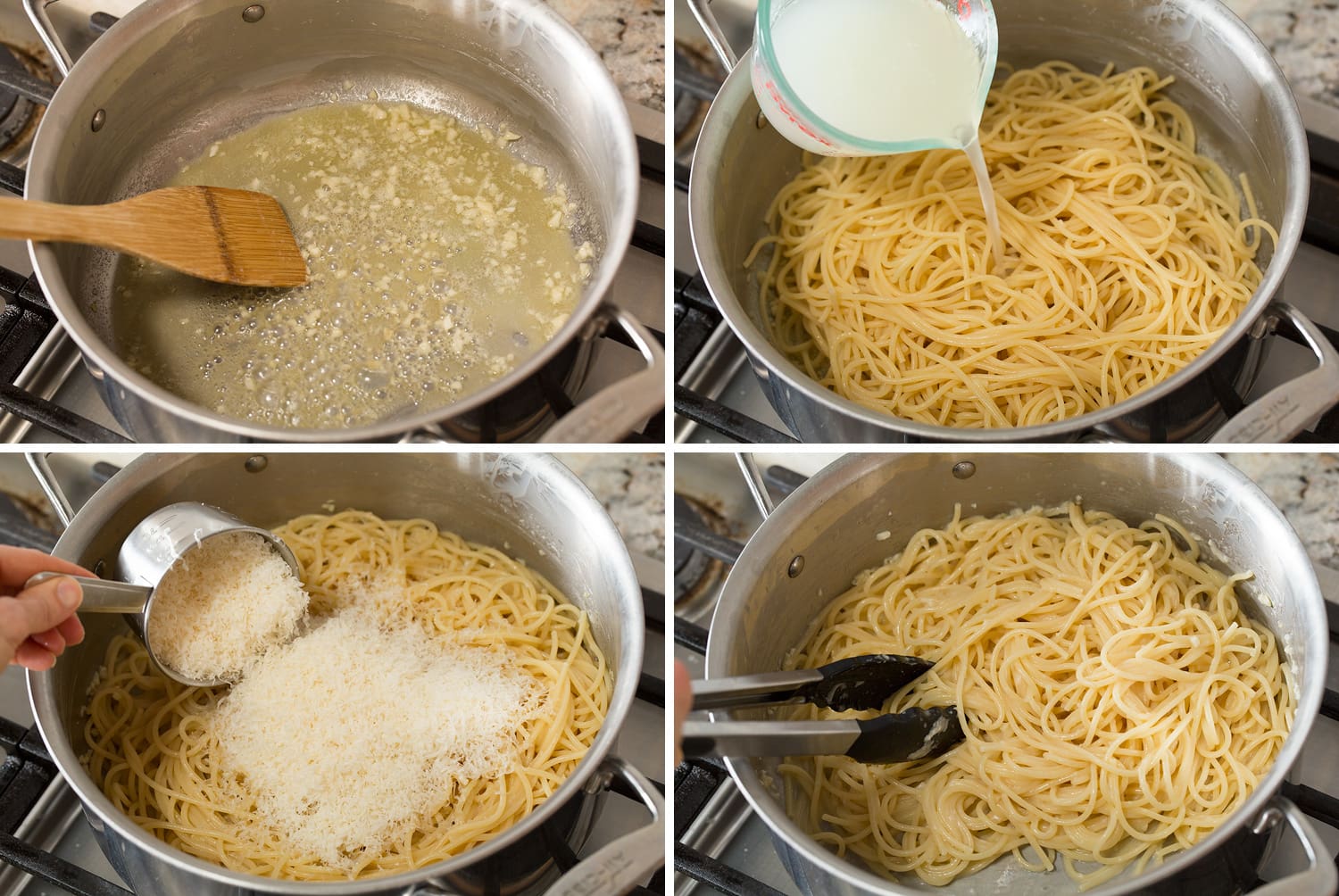 Steps of making garlic parmesan pasta.