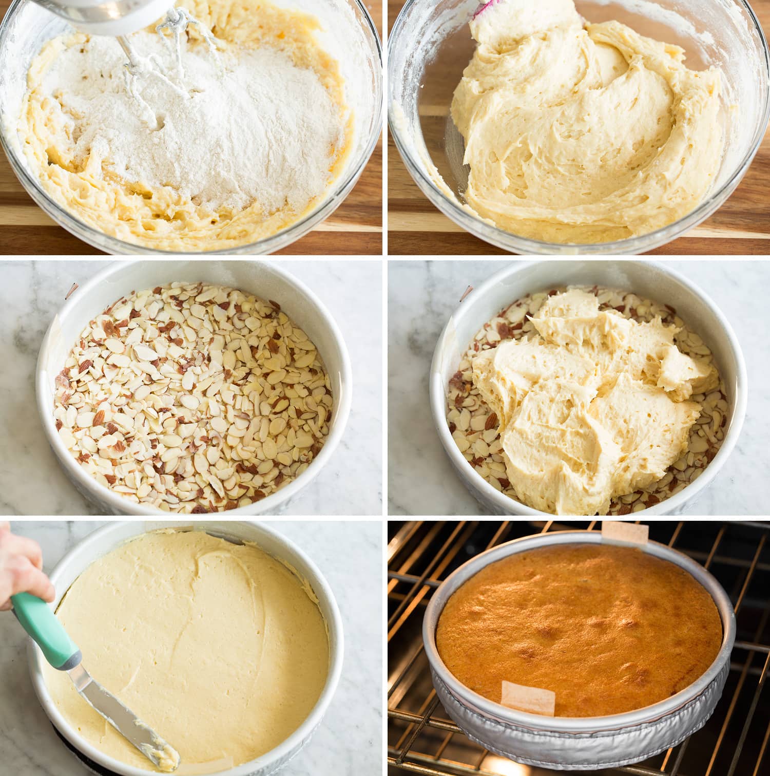 Six steps showing how to finish batter and spread into prepared cake pan and bake.