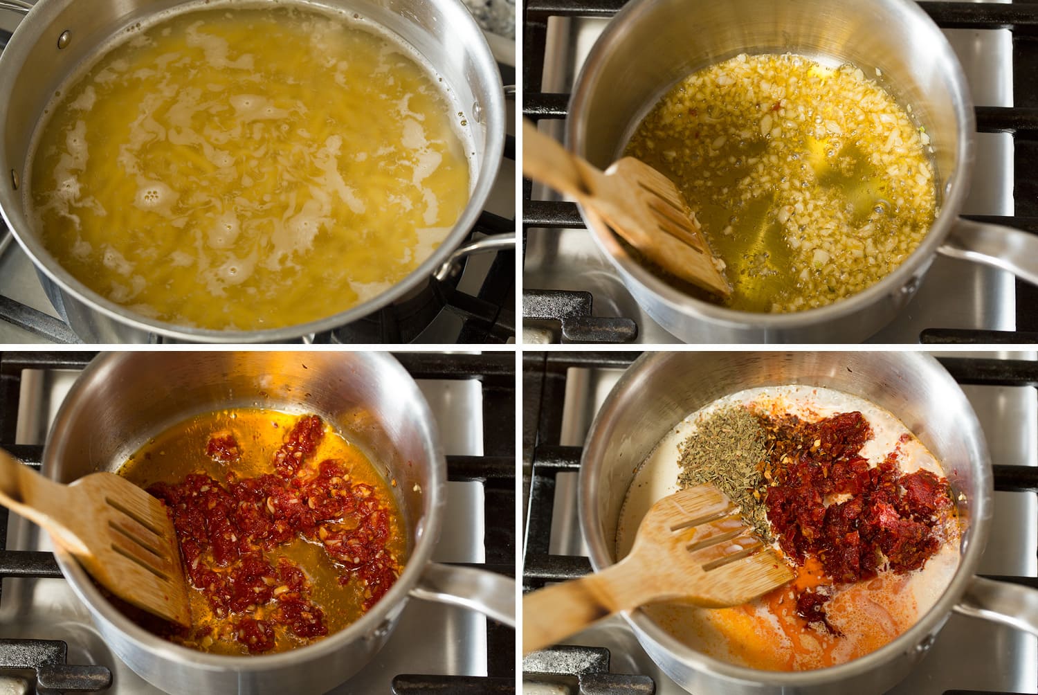 Making sun dried tomato pasta in saucepan.