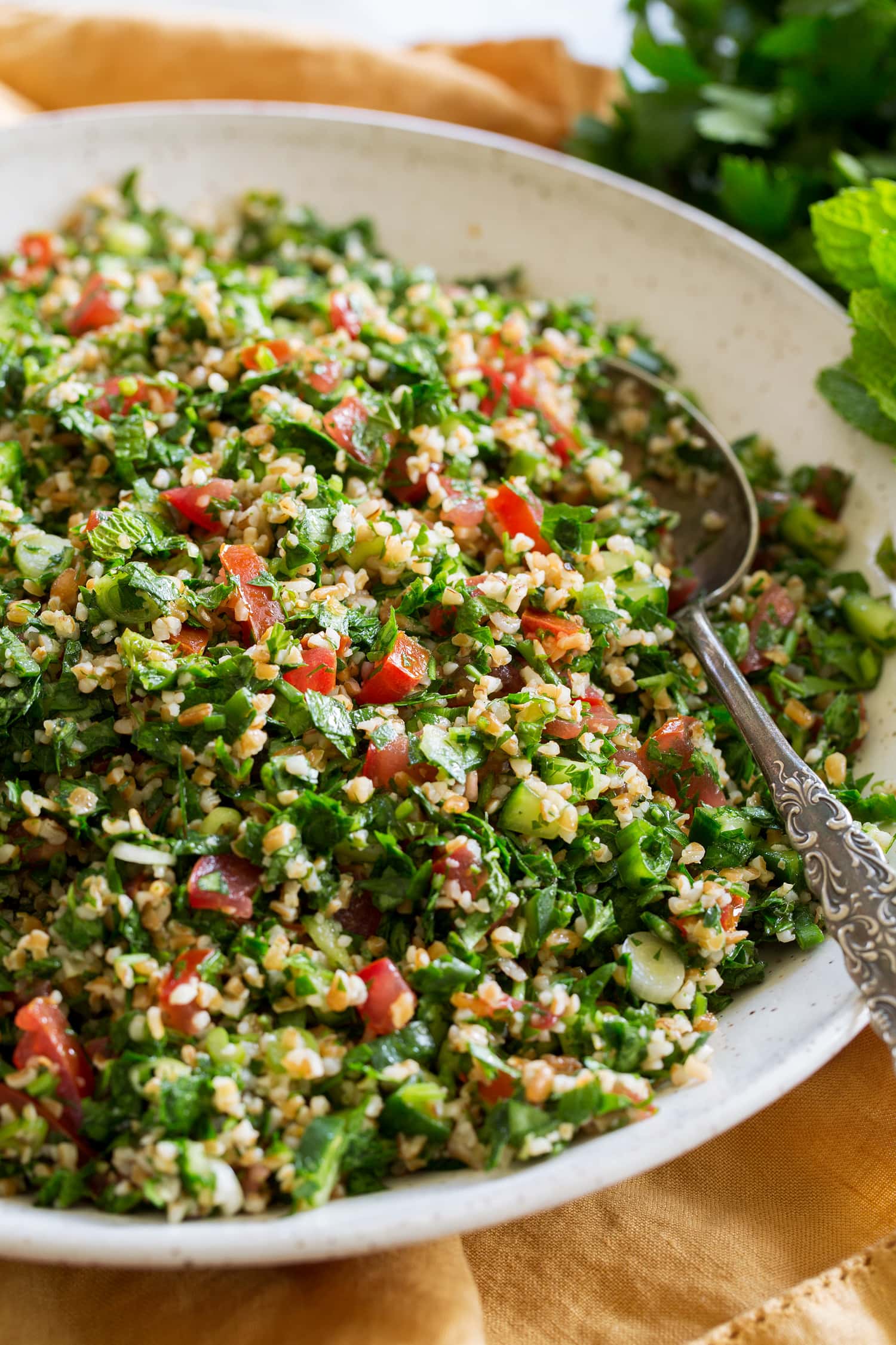 Close up photo of tabbouleh.