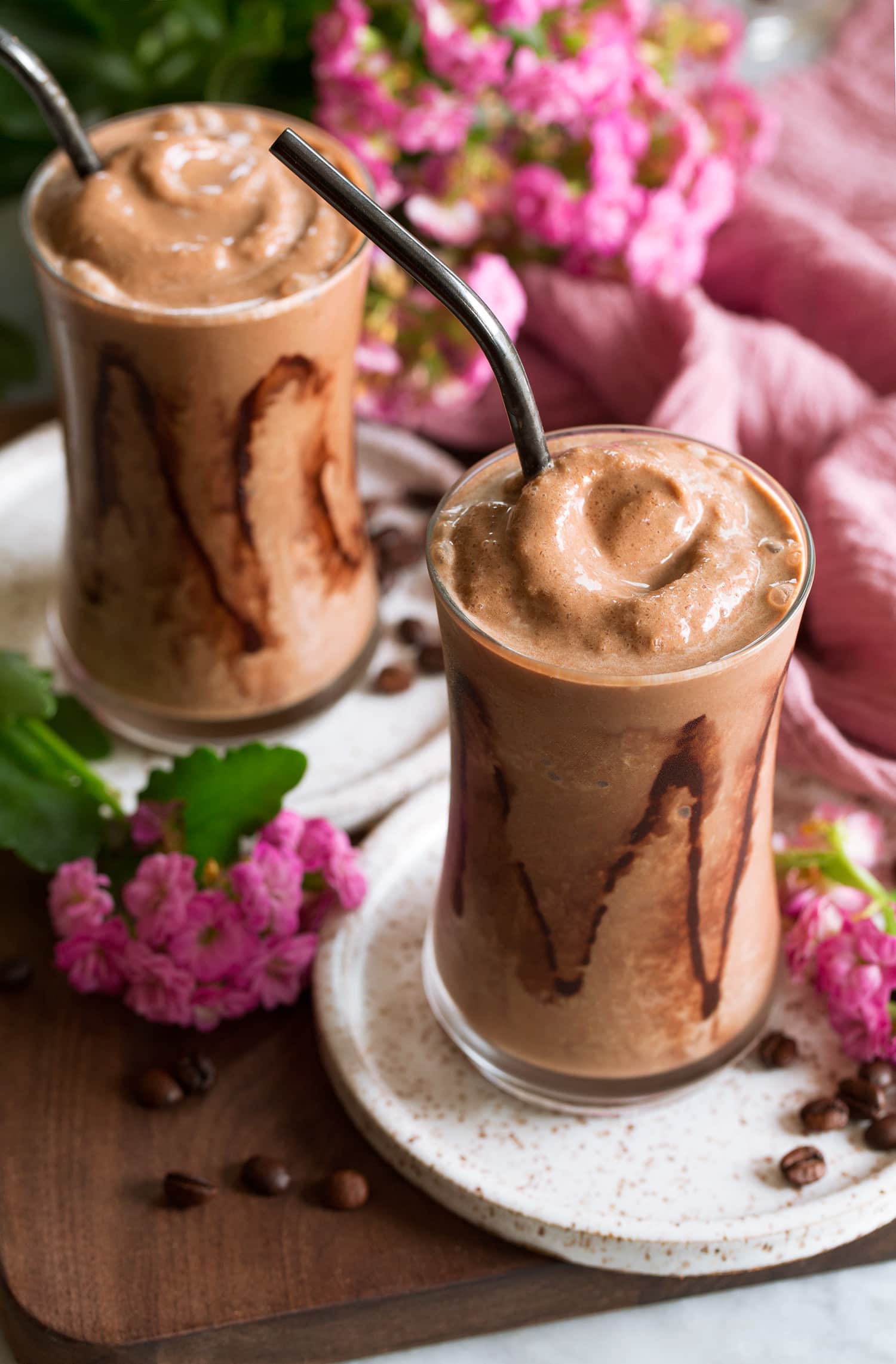 Two coffee smoothies shown without toppings.