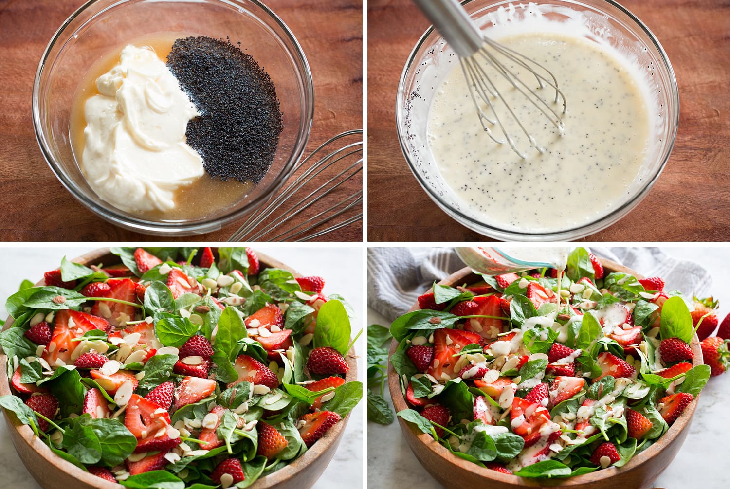 Steps of making strawberry spinach salad.