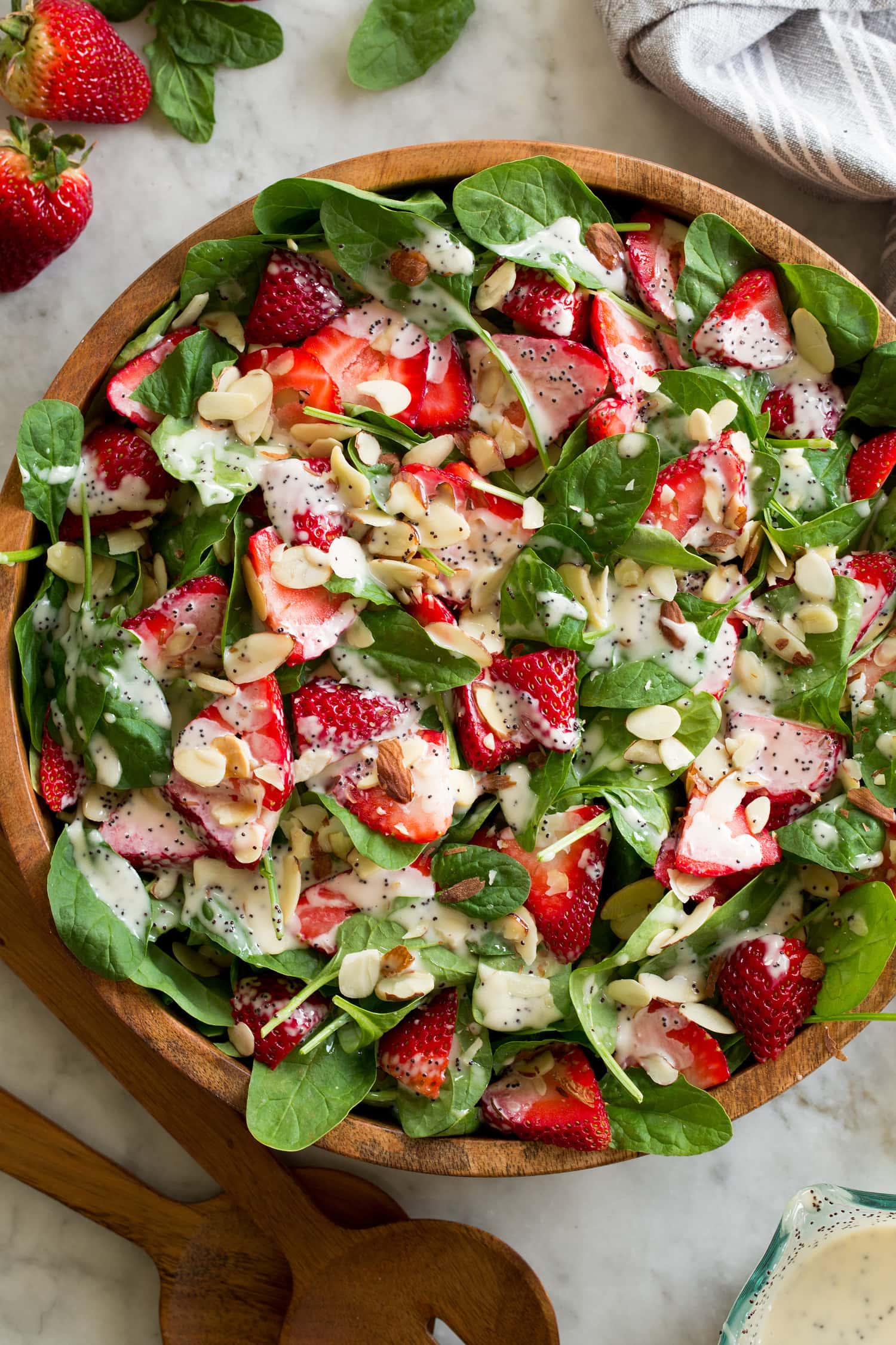Quick and easy strawberry spinach salad from scratch.
