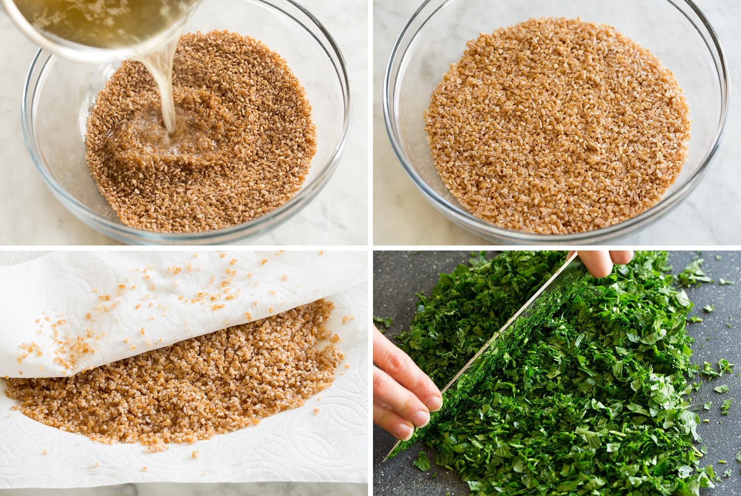 Steps of making tabbouleh and dressing.