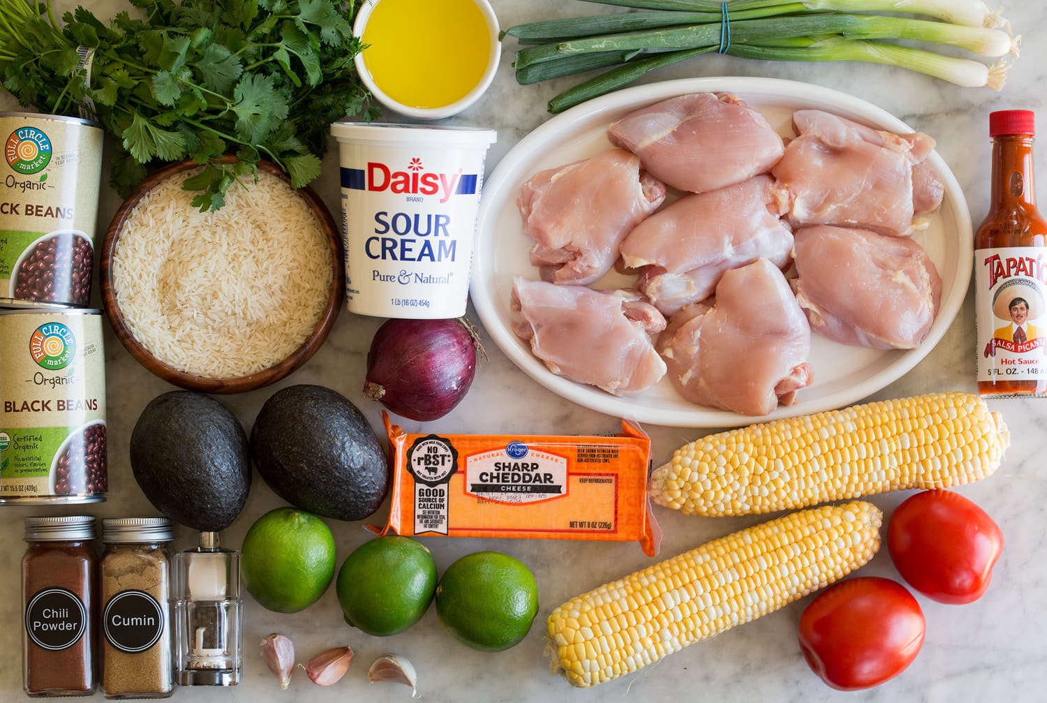 Ingredients needed for chicken burrito bowls.