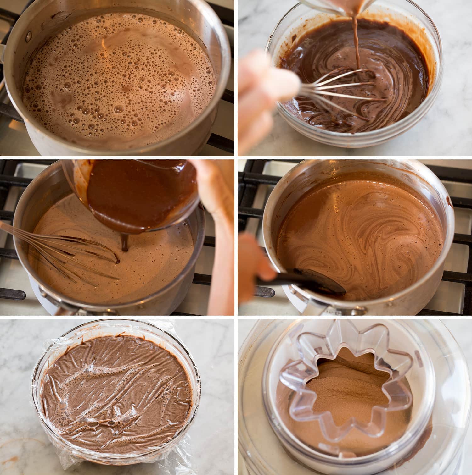 Continued steps of making homemade chocolate ice cream in pan and ice cream maker.