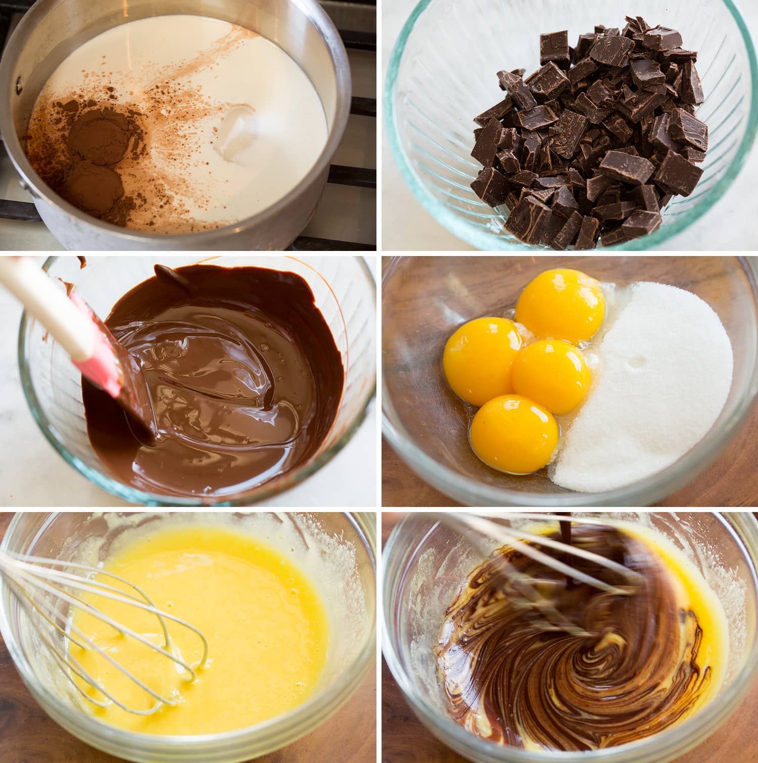 Steps of making the custard mixture for chocolate ice cream in a saucepan. and mixing bowl.