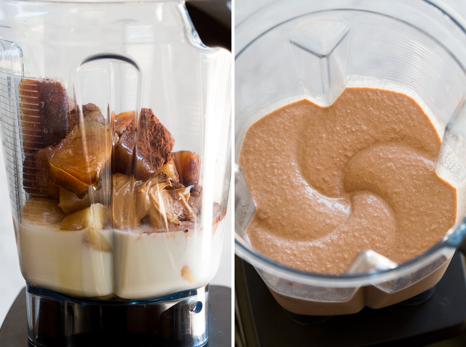 Coffee smoothie ingredients in blender before and after blending.