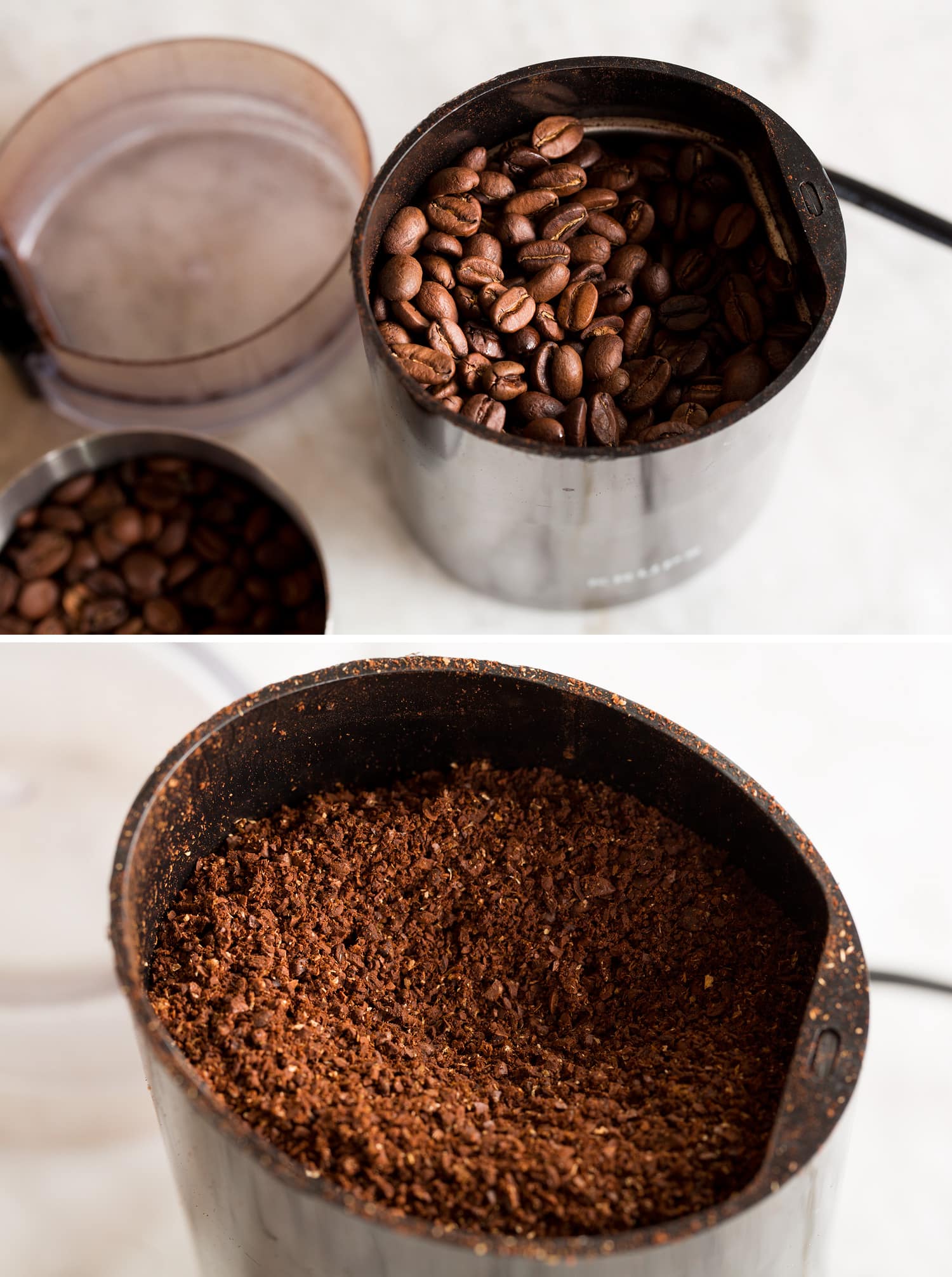 Coffee beans before and after grinding in a coffee grinder.