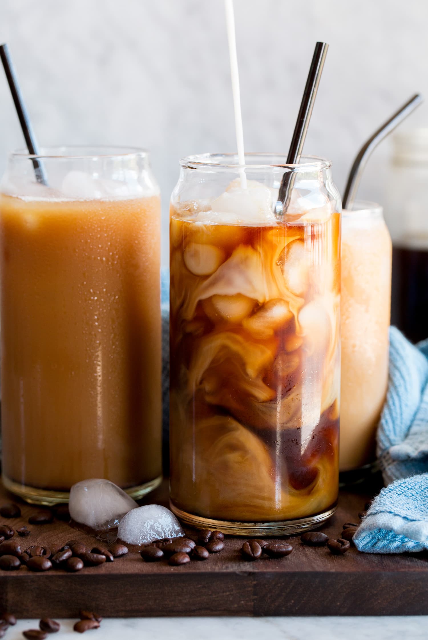Cold brew iced coffee with milk.