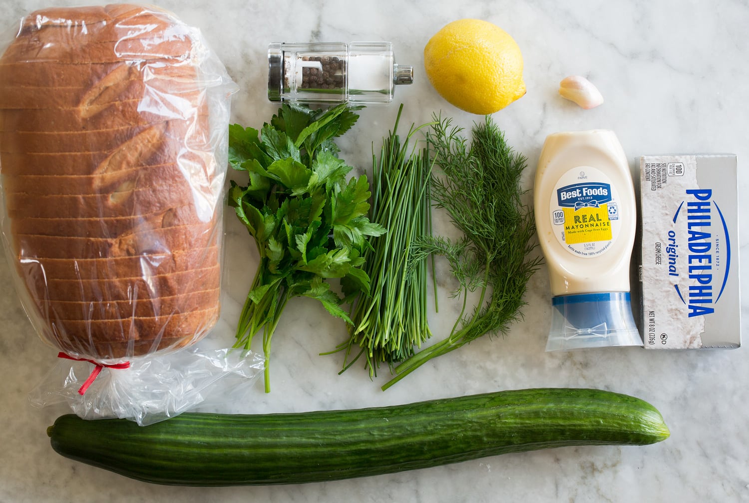 Ingredients used to make cucumber sandwiches.