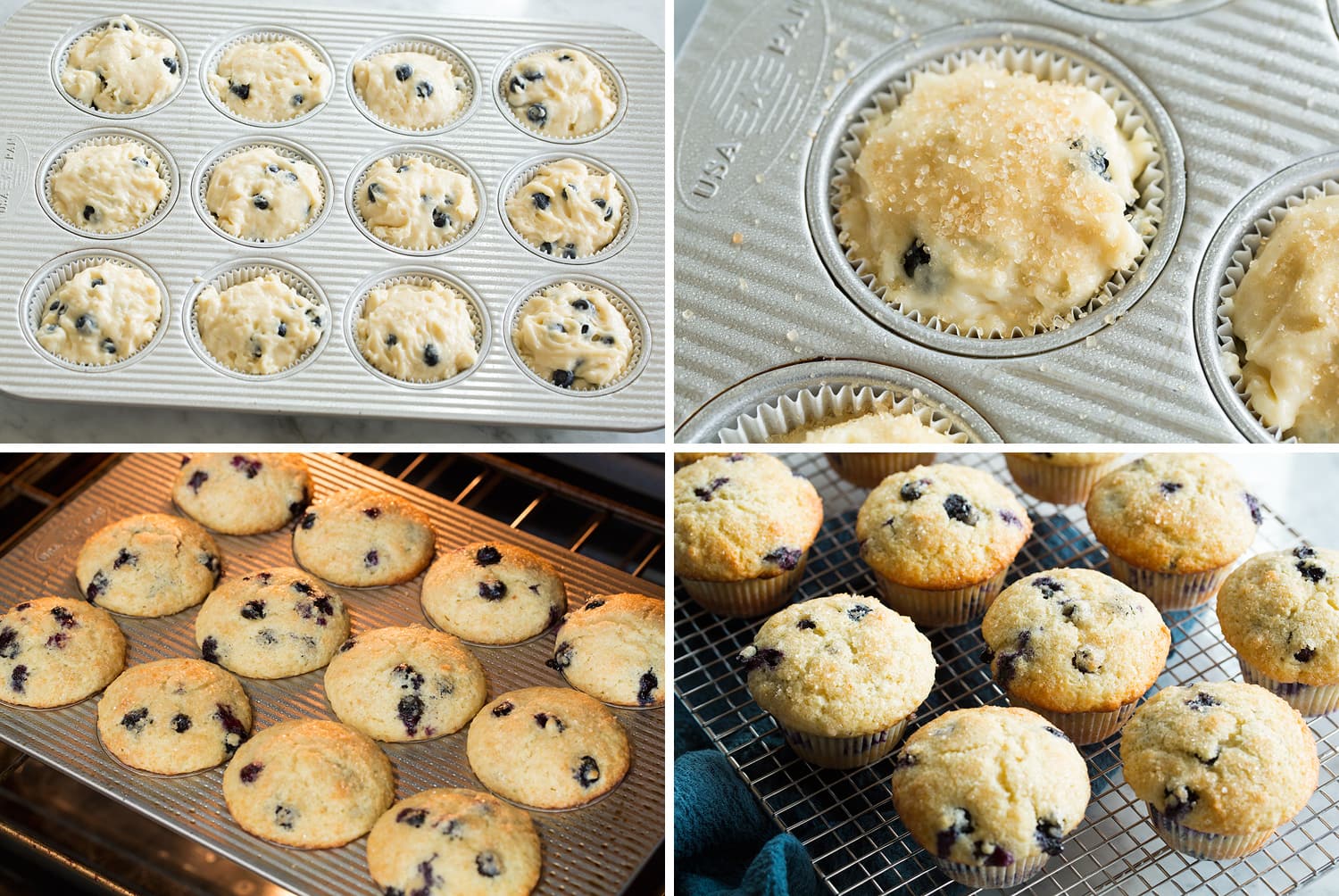 Showing how to bake blueberry muffin batter.