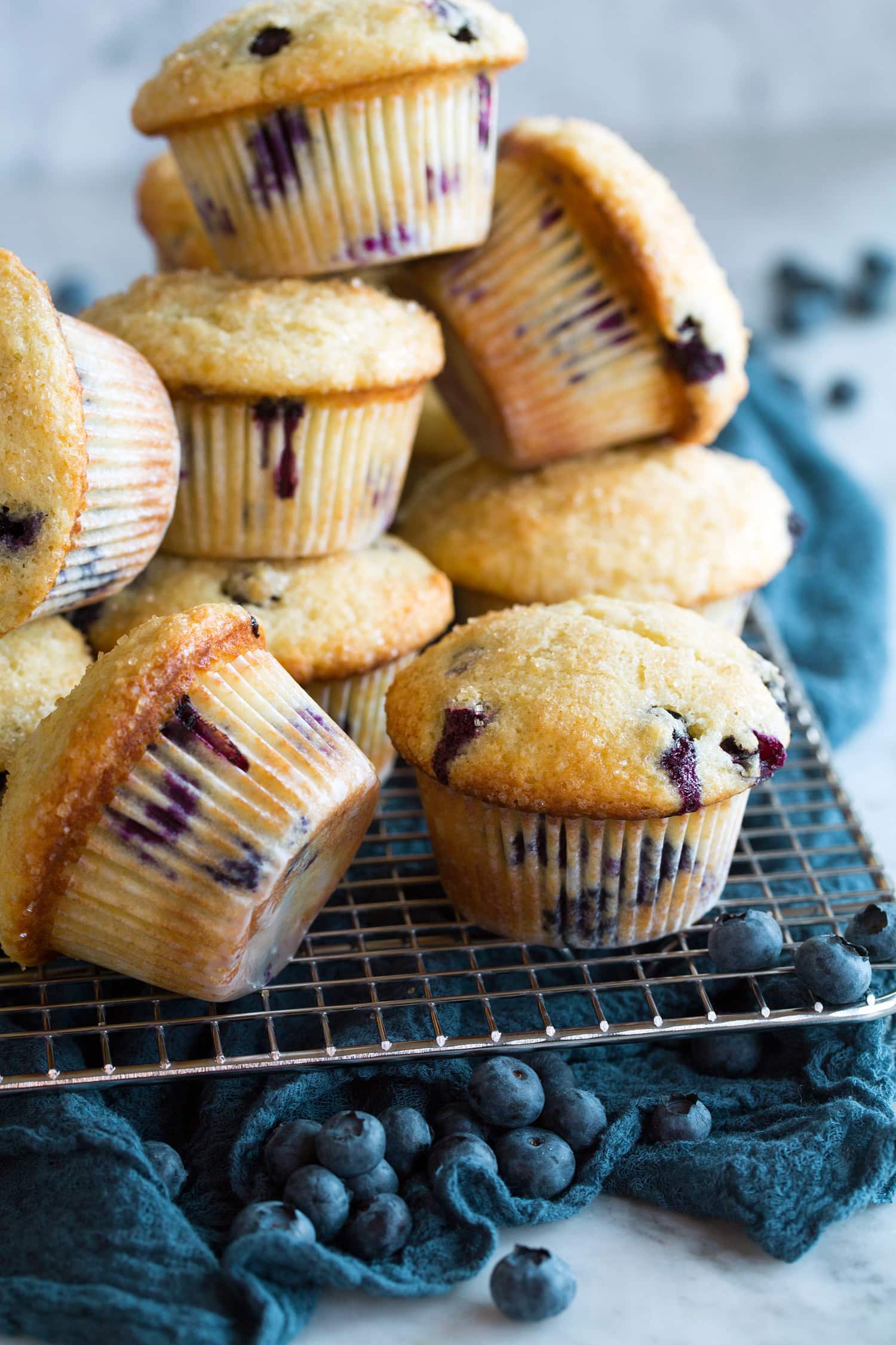 Stack of easy blueberry muffins.