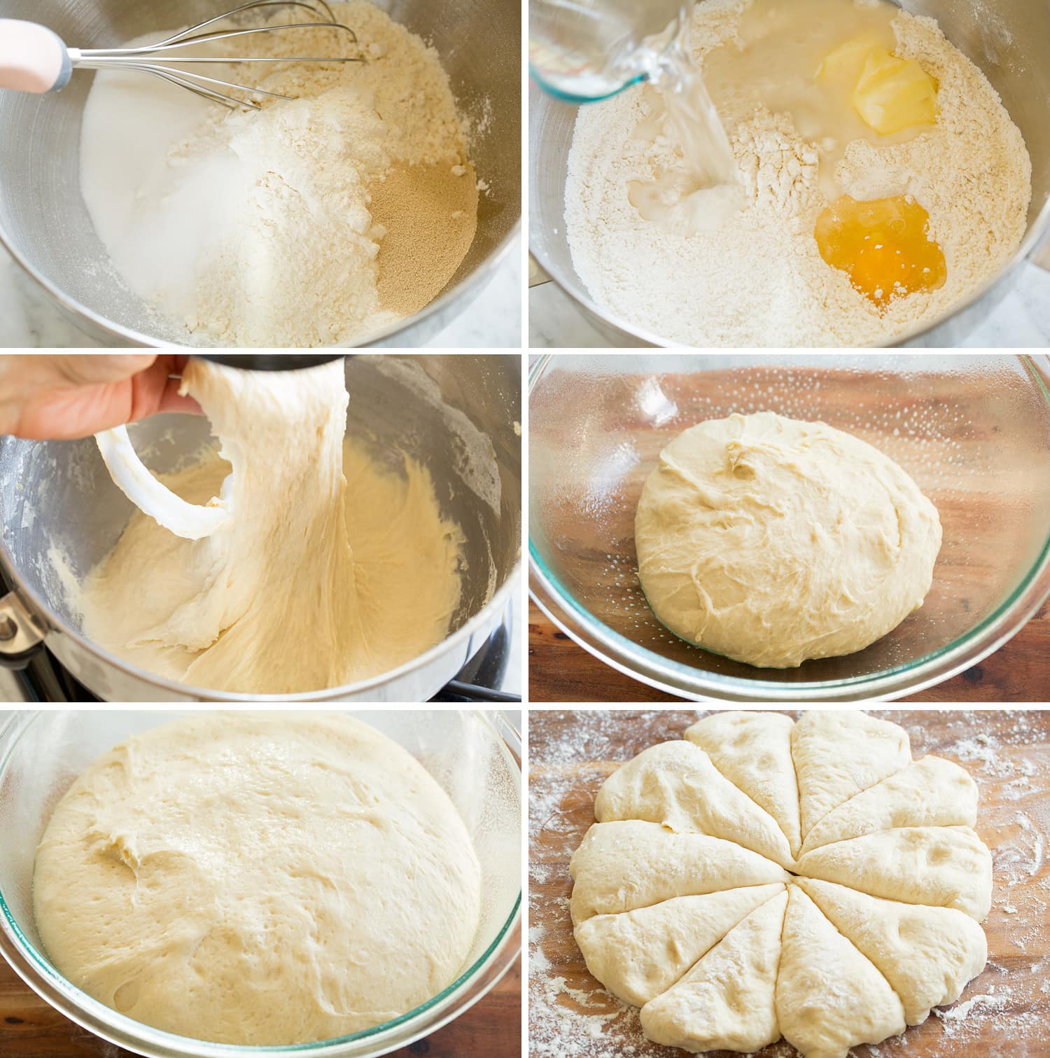 Steps to making hamburger bun dough in stand mixer.